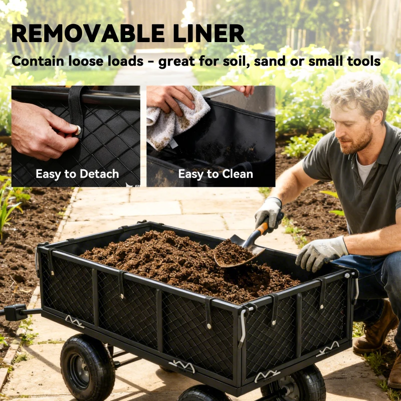 Outsunny Steel Garden Cart, Utility Wagon Cart with Removable Liner, Quick-Release Sides, 10" Wheels, 660lbs Capacity