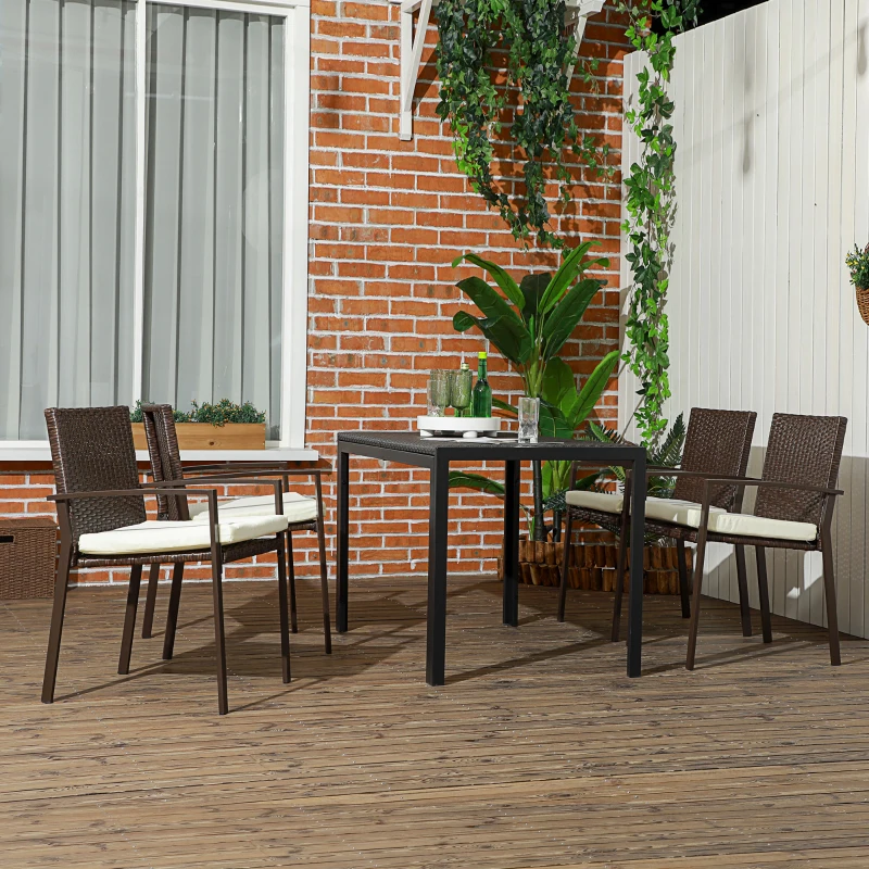 Outsunny PE Rattan Outdoor Dining Chair Set with Cushion, 4 Patio Wicker Dining Chairs with Backrest, Cream White