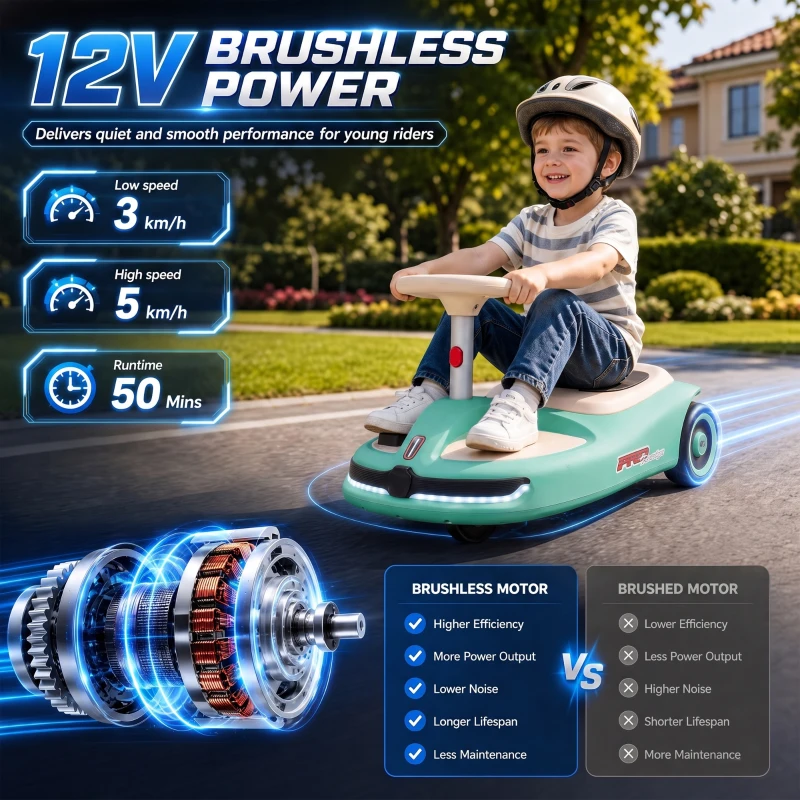 Qaba 12V Electric Wiggle Car with Convertible Steering Wheel Pull Handle, 2 Speed, Music, Lights for 3-5 Years, Light Blue
