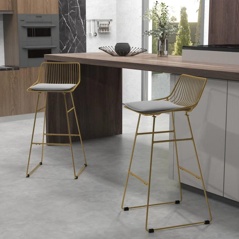 HOMCOM Modern Bar Stools Set of 2, Metal Wire Bar Height Barstools, 30 Inch Bar Chairs for Kitchen with Removable Cushion, Back and Footrest, Gold