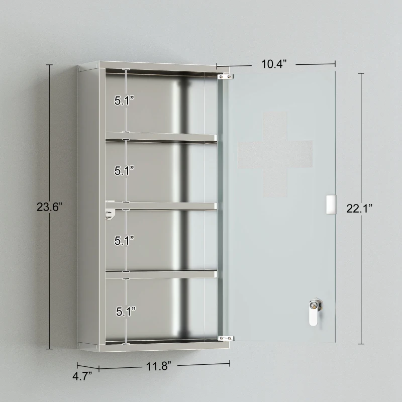 HOMCOM 12" x 24" Lockable Medicine Cabinet, 4 Tier Stainless Steel Medical Wall Box with 2 Keys and Shelves for Bathroom