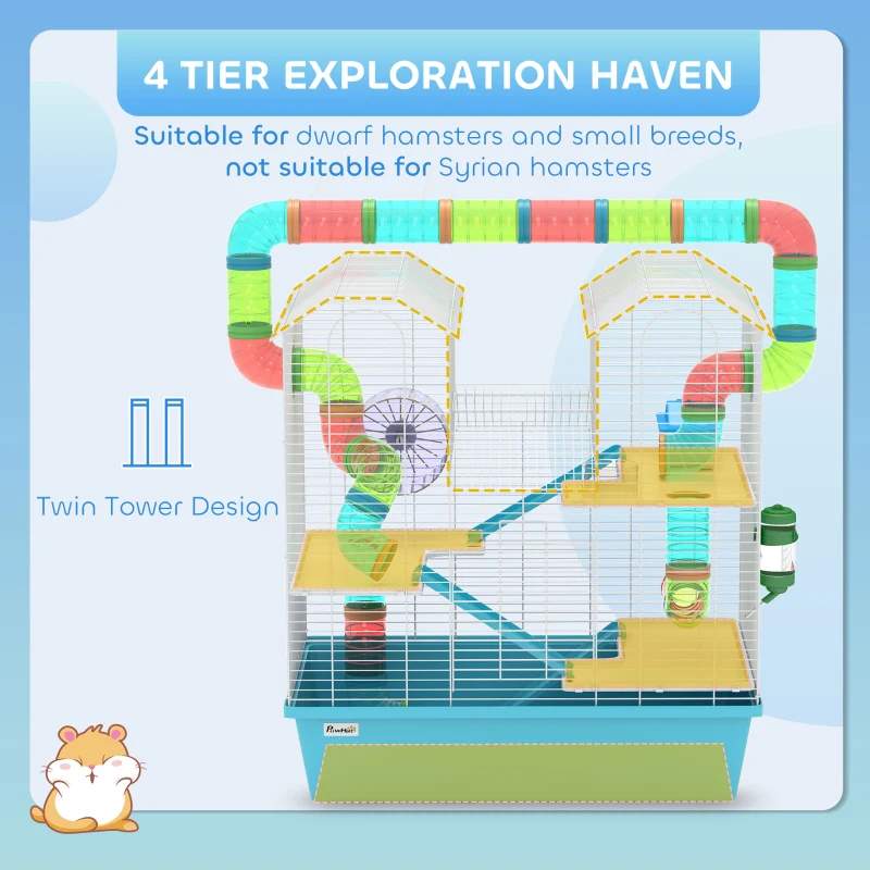 PawHut 4-Tier Hamster Cage with Tubes, Exercise Wheel, Hut, Water Bottle, Food Dish, Ramps, 22.8" x 14.2" x 25.6", Light Blue