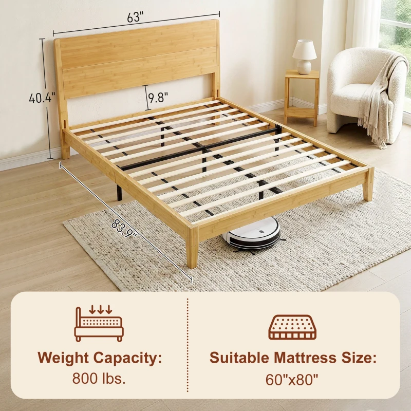 HOMCOM Queen Size Bamboo Platform Bed Frame with Headboard and 12 Poplar Slats, No Box Spring Needed, Easy Assembly, Natural