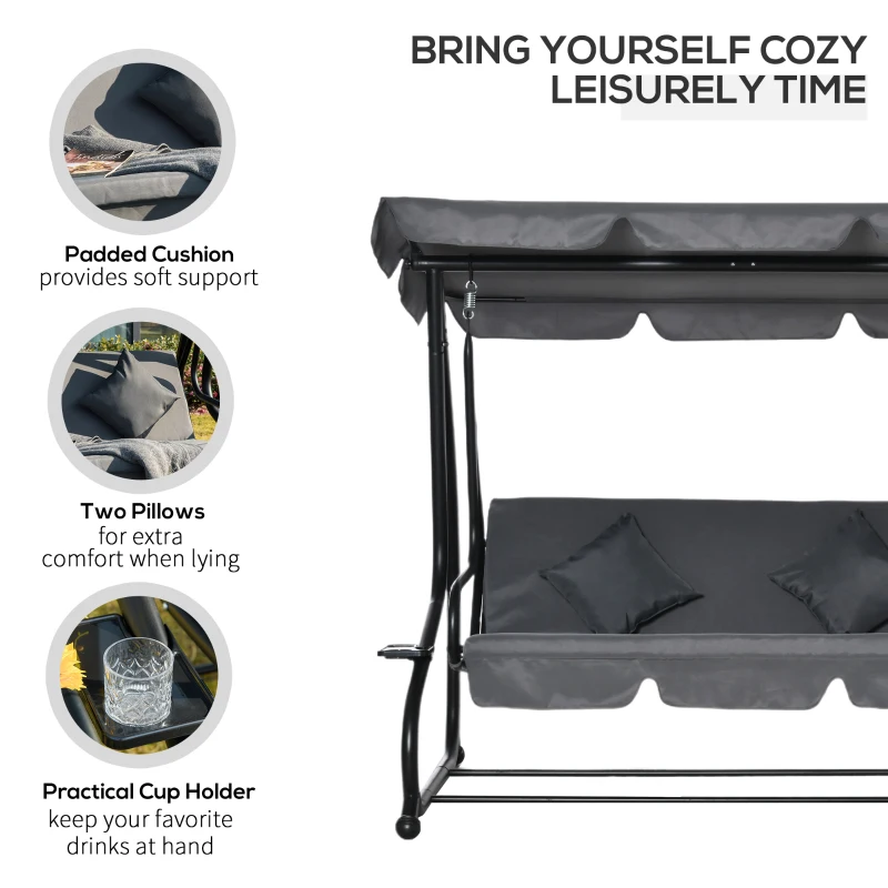 Outsunny 3-Seat Outdoor Patio Swing Chair, Converting Flatbed, Outdoor Swing Glider with Adjustable Canopy, Removable Cushion and Pillows, for Porch, Garden, Poolside, Backyard, Gray