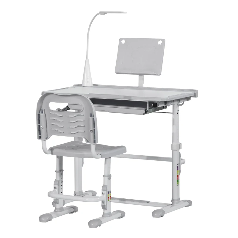 Qaba Kids Desk and Chair Set, Height Adjustable School Study Table and Chair, Student Writing Desk with Tilt Desktop, LED Light, Pen Box, Drawer, Reading Board, Cup Holder, and Pen Slots, Grey