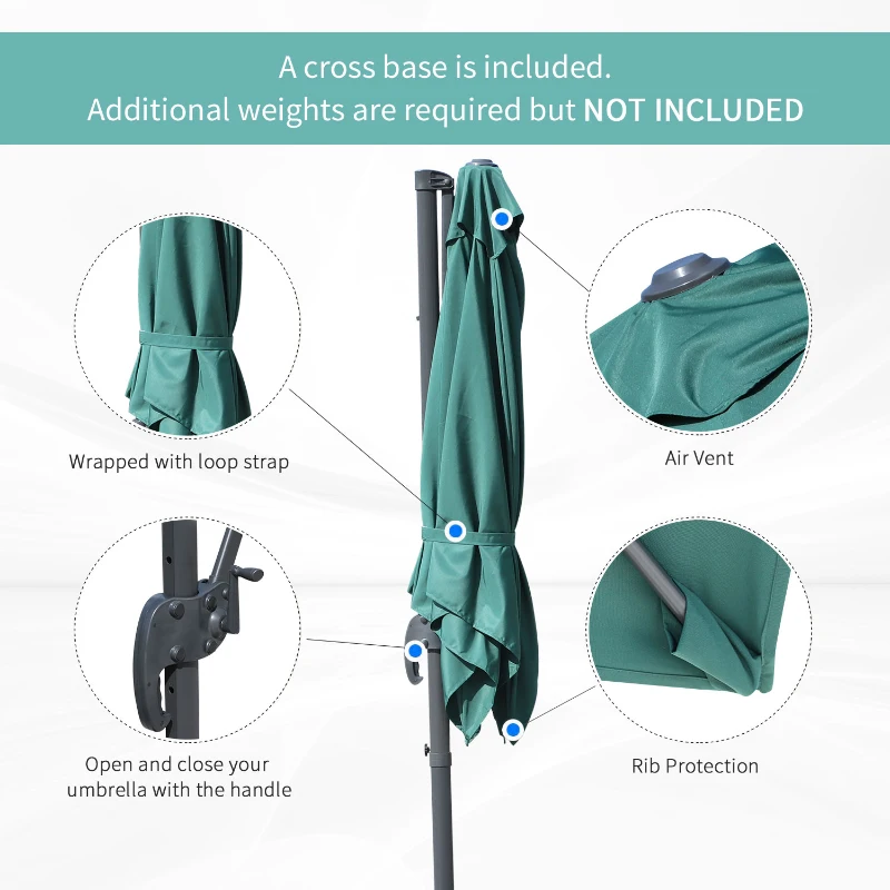 Outsunny 8' x 8' Square Patio Hanging Offset Umbrella Aluminum Outdoor Cantilever Crank Market Parasol Garden Sun Canopy Shelter 360° Rotation w/Cross Base Green