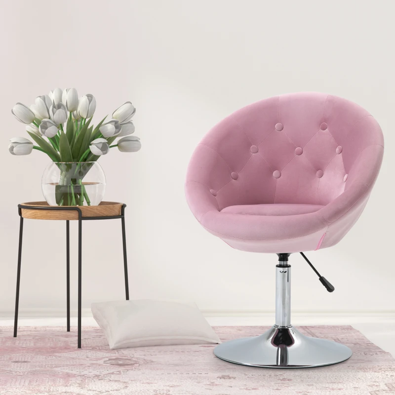 HOMCOM Modern Makeup Vanity Chair Round Tufted Swivel Accent Chair with Chrome Frame Height Adjustable, Pink