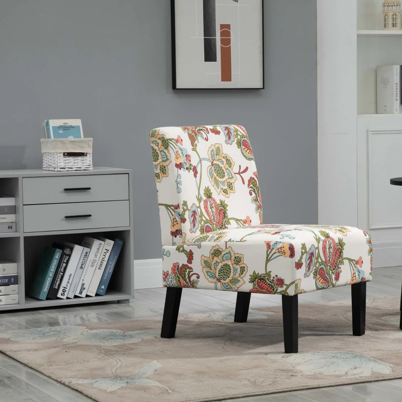 HOMCOM Linen Fabric Dining Chair with Pine Wood Legs and Sponge Padded Cushion, for Living Room, Dining Room, Flower Pattern