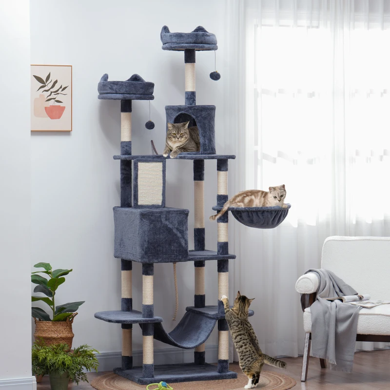 PawHut 81" Cat Tree w/ Cat Scratching Posts, Scratching Board, Condos, Beds, Hammocks, Toy Balls, Rope Cat Toy, Gray
