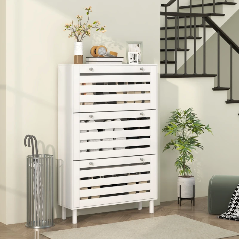 HOMCOM Narrow Shoe Storage Cabinet, 3 Flip Drawers, Adjustable Shelves, 18-24 Pairs Capacity, White