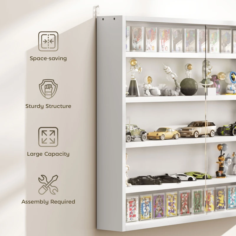HOMCOM 5-Tier Display Cabinet, Wall-Mounted Display Case with 2 Glass Doors and Adjustable Shelves, White