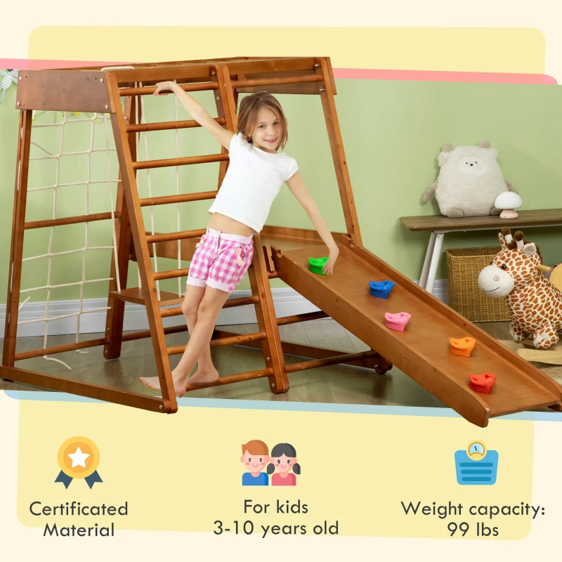 Qaba 6-in-1 Indoor Jungle Gym Playground with Slide, Climbing Wall, Rope Climber, Monkey Bars, Swing, Toddler Climbing Toys for 3-10 Years Old, Wood