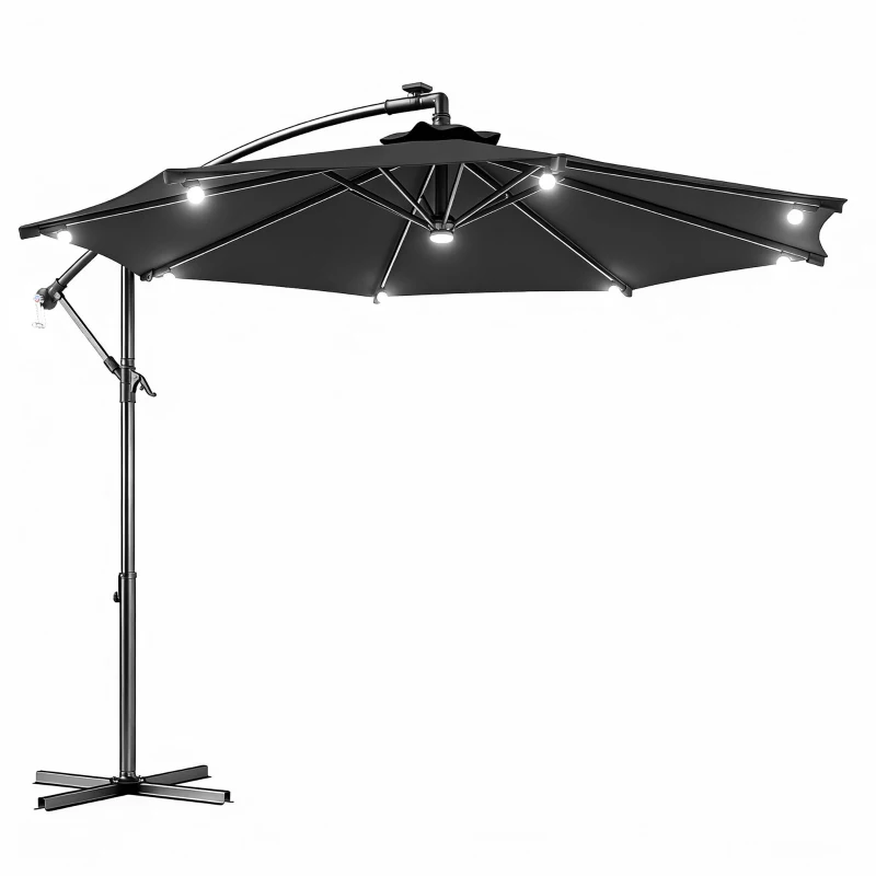 Outsunny 8.8FT Cantilever Patio Umbrella with Solar Powered LED Lights, Crank Handle, Cross Base for Outdoor Sun Shade, Grey