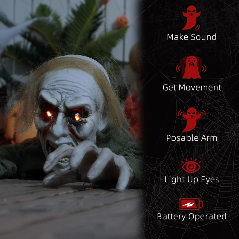 HOMCOM 66" Outdoor Halloween Decoration Crawling Zombie, Animated Prop Decor with Sound Activated, Light Up Eyes