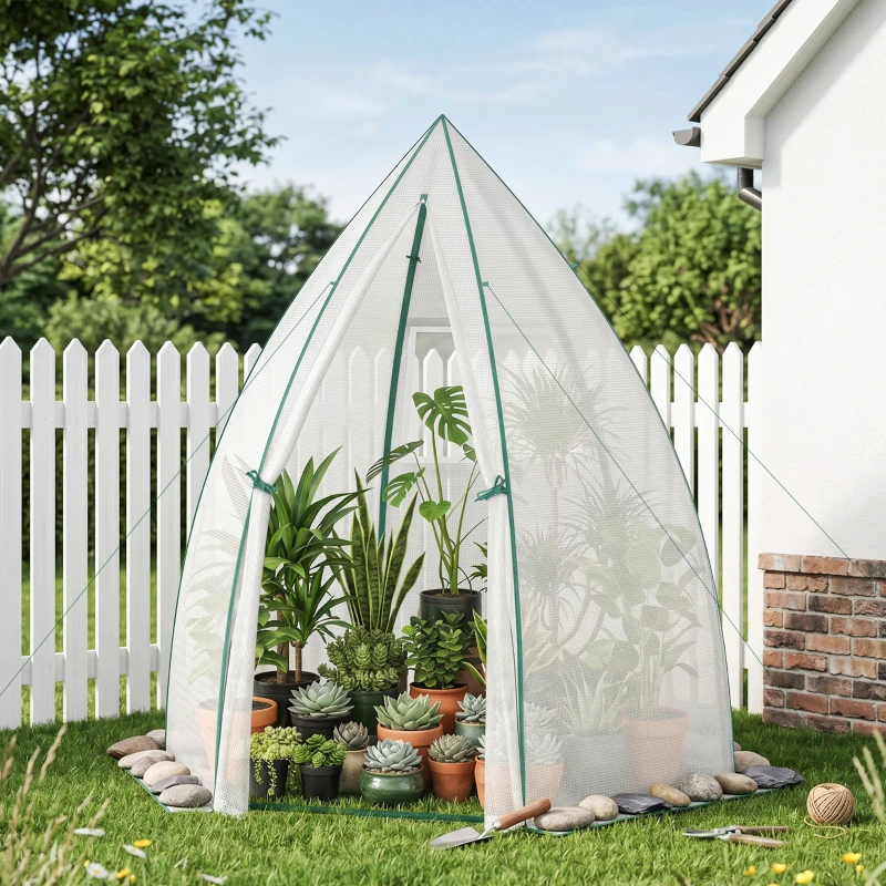 Outsunny 63" x 54" x 71" Tent-Style Mini Greenhouse, Portable Hot House for Plants with Zipper Roll Up Door and Window for Outdoor, Garden, Patio, White