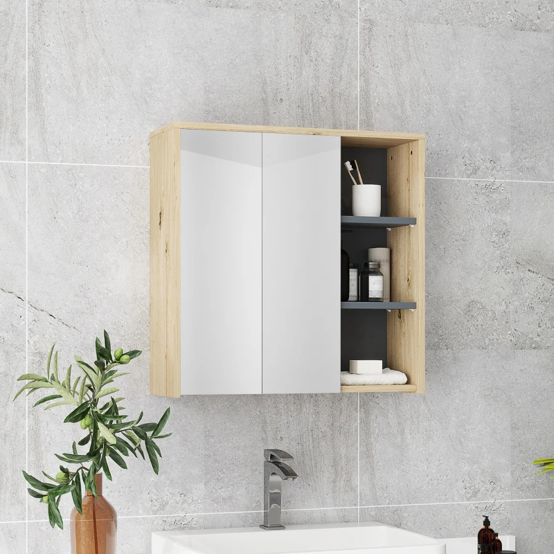 HOMCOM Wall Mount Medicine Cabinet with Mirror, Bathroom Cabinet Storage Organizer with 2 Doors, Cupboards and Shelves, Natural
