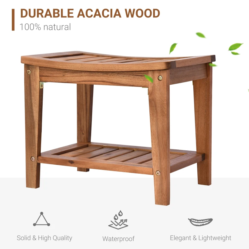 HOMCOM Acacia Wood Shower Bench Seat with Towel Shelf, 2-Tier Bathroom Spa Bathing Stool