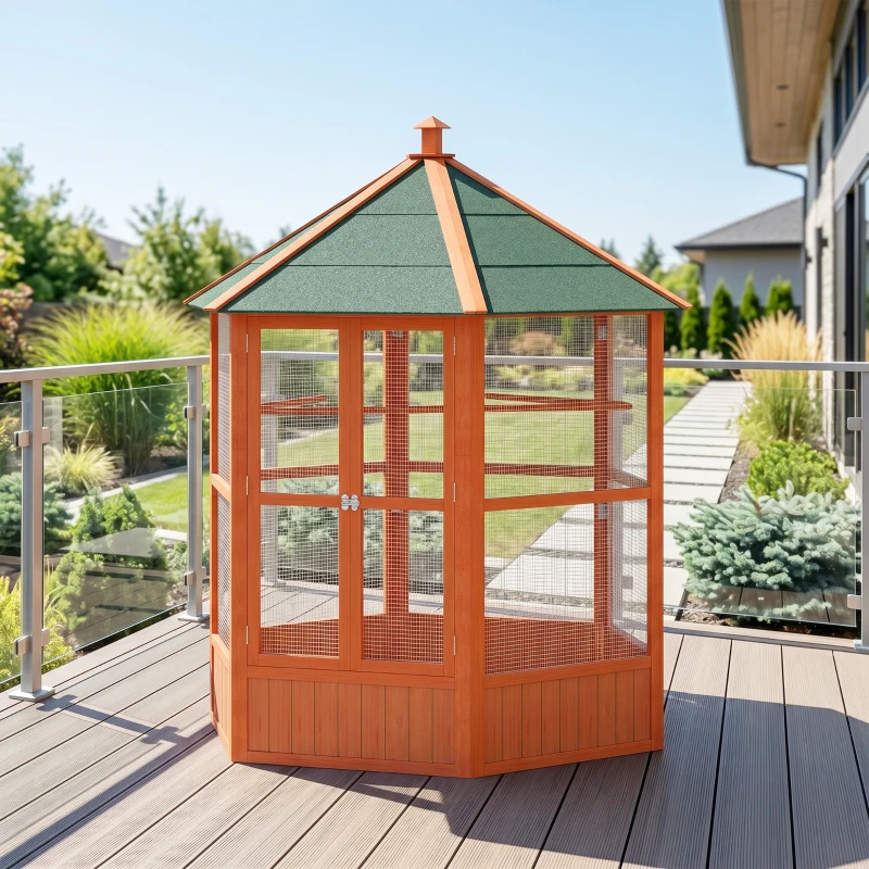 PawHut 69" Wooden Hexagonal Outdoor Aviary Flight Bird Cage With Covered Roof, Brown(m-8)