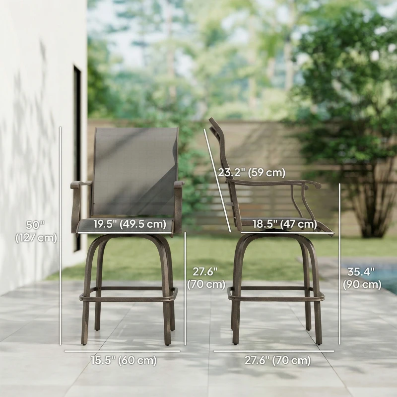 Outsunny Outdoor Bar Stools Set of 2, Swivel Bar Height Chairs with High Back, Curved Armrests and Steel Frame, Black