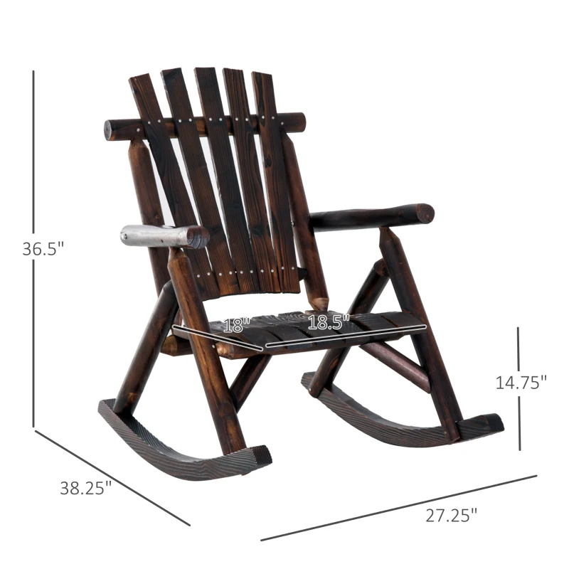Outsunny Outdoor Wooden Rocking Chair, Single-Person Rustic Adirondack Rocker with Slatted Seat, High Backrest, Armrests for Patio, Garden and Porch, Brown