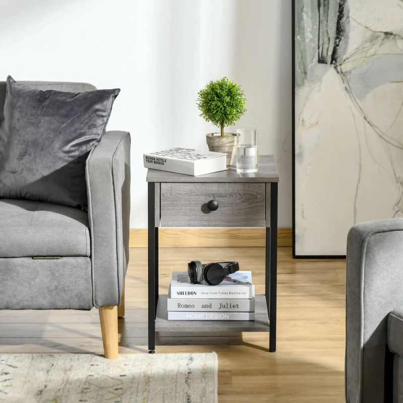 HOMCOM Industrial Side Table, End Table with Drawer and Storage Shelf for Living Room, Gray