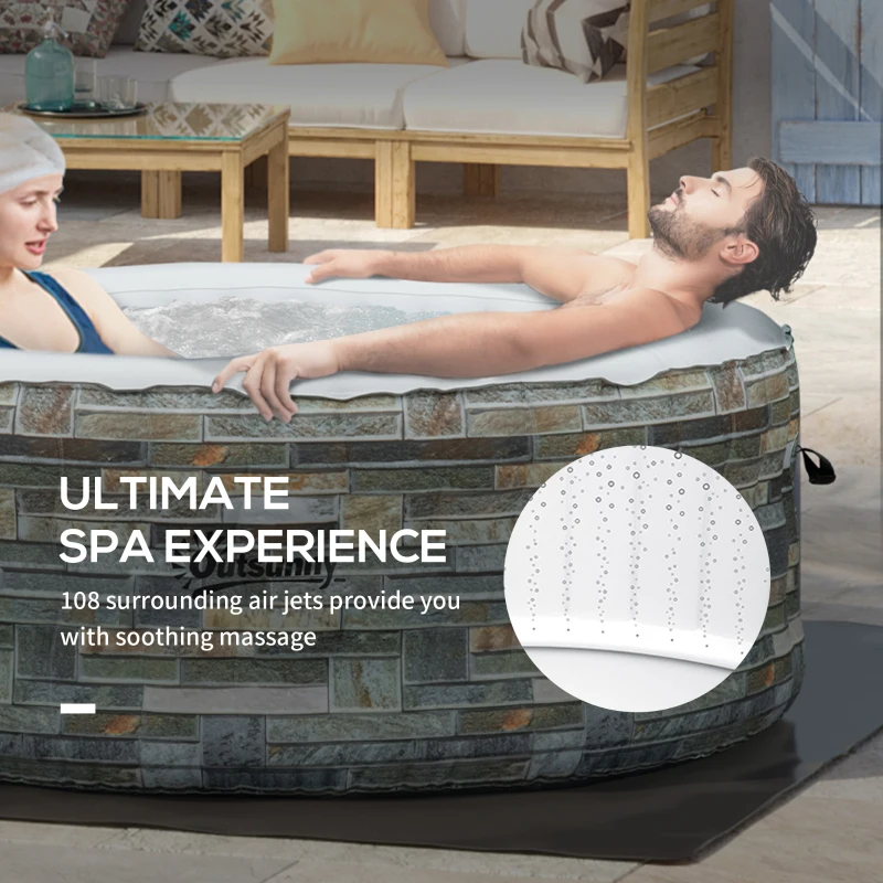 Outsunny 2-3 Person Inflatable Hot Tub, Outdoor Round Portable Spa with 108 Heated Air Jets, Cover, Pump, 2 Filter Cartridges, Mixed Grey