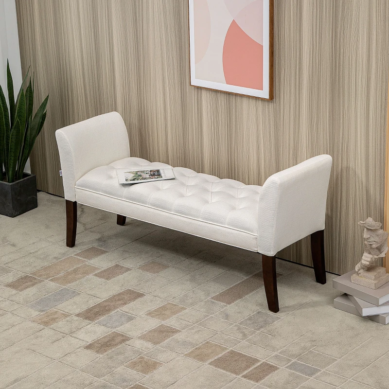 HOMCOM Upholstered Bedroom Bench with Button Tufted Design, End of Bed Bench with Arms and Solid Wood Legs, Cream White