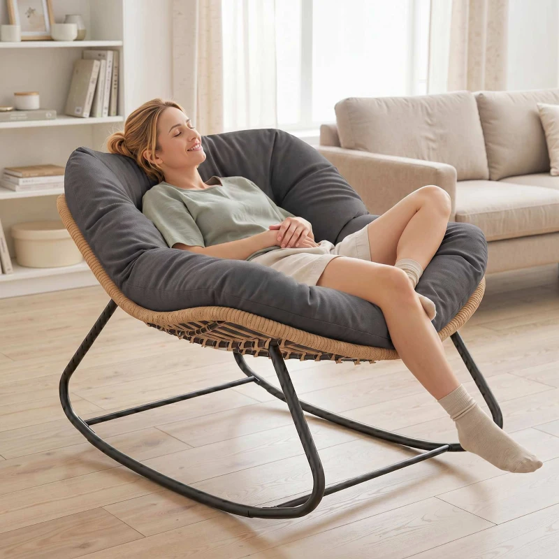 Outsunny Indoor Outdoor Papasan Rocking Chair, Oversized Rocking Egg Chair with Cushion for Garden, Patio, Dark Gray