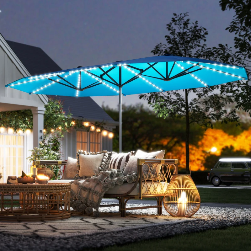 Outsunny 15ft Double-Sided Outdoor Umbrella with Solar Lights, UPF50+ Extra Large Aluminum Patio Umbrella with Crank, Blue