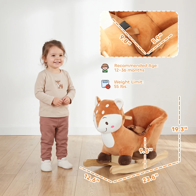 Qaba Baby Rocking Horse, Spotted Deer Rocking Horse Toy with Sounds, Seat Belt and Widened Base for Toddlers 1-3 Y, Brown