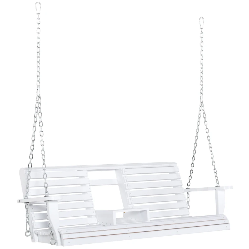 Outsunny 2 to 3 Seater Porch Swing Wood Patio Swing Chair Swing Bench with Foldable Table, Cup Holders, Steel Chains, White