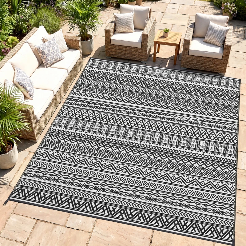Outsunny Reversible Outdoor Rug Carpet RV Camping Rugs with Carry Bag, 8' x 10', Gray & Cream White Boho