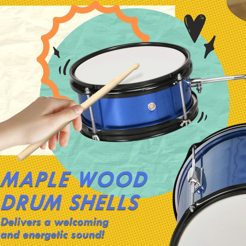 Qaba 7 Piece Kids Drum Set with Throne, Cymbal, Pedal, Drumsticks, Blue