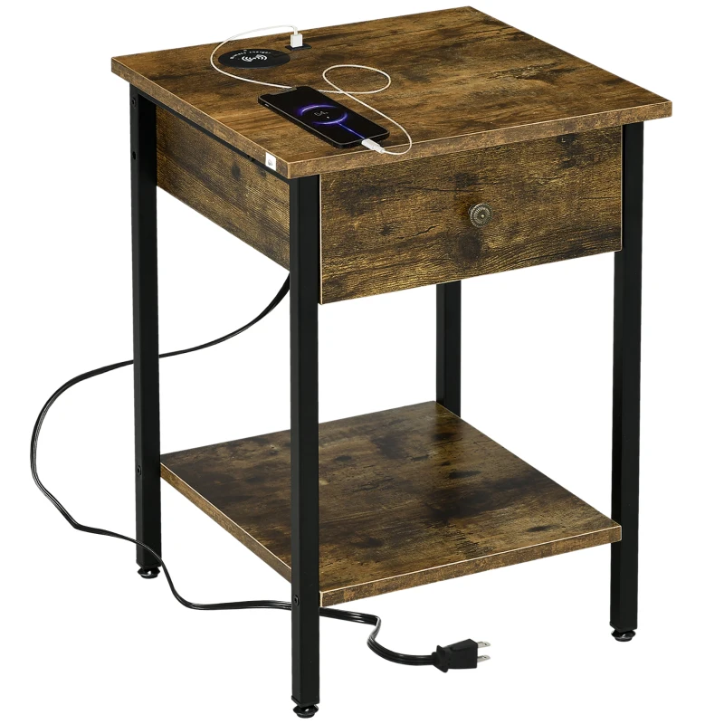 HOMCOM End Table with Wireless Charging Station, 2 USB Ports, Rustic Brown
