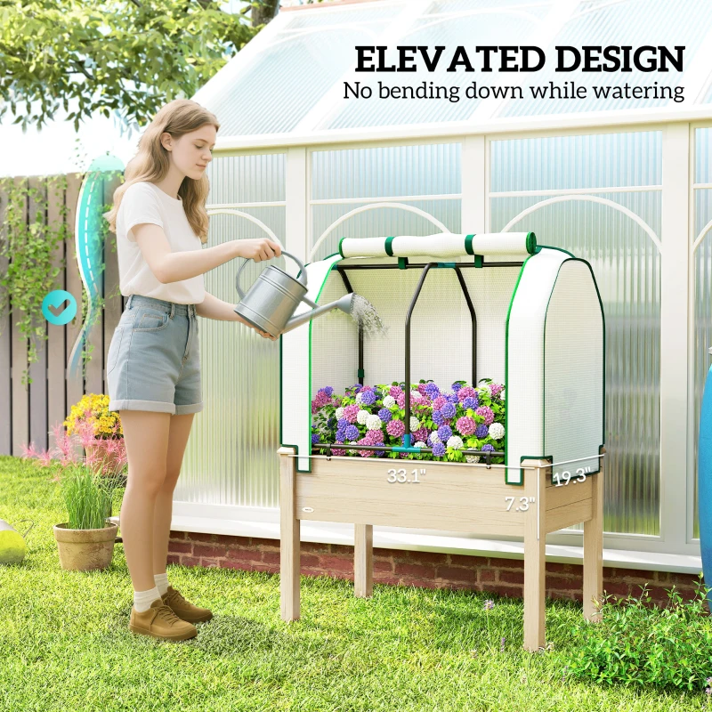 Outsunny Raised Garden Bed with PE Greenhouse Cover Outdoor Planter Box for Herbs and Vegetables, 35 x 22 x 47 inch, Natural