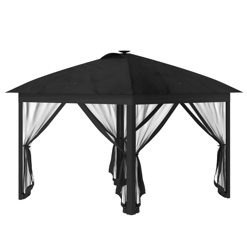 Outsunny 11' x 11' Pop Up Gazebo, Instant Canopy Tent with Solar LED Light, Remote Control, Netting and Carrying Bag for Backyard Garden Patio, Black