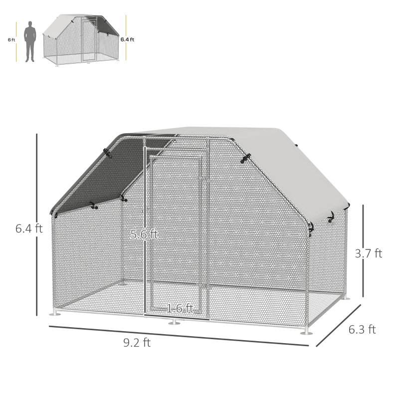 PawHut Large Chicken Coop Metal Chicken Run with Waterproof and Anti-UV Cover, Flat Shaped Walk-in Fence Cage Hen House for Outdoor and Yard Farm Use, 1.3" Tube Diameter, 9' x 6' x 6.5'