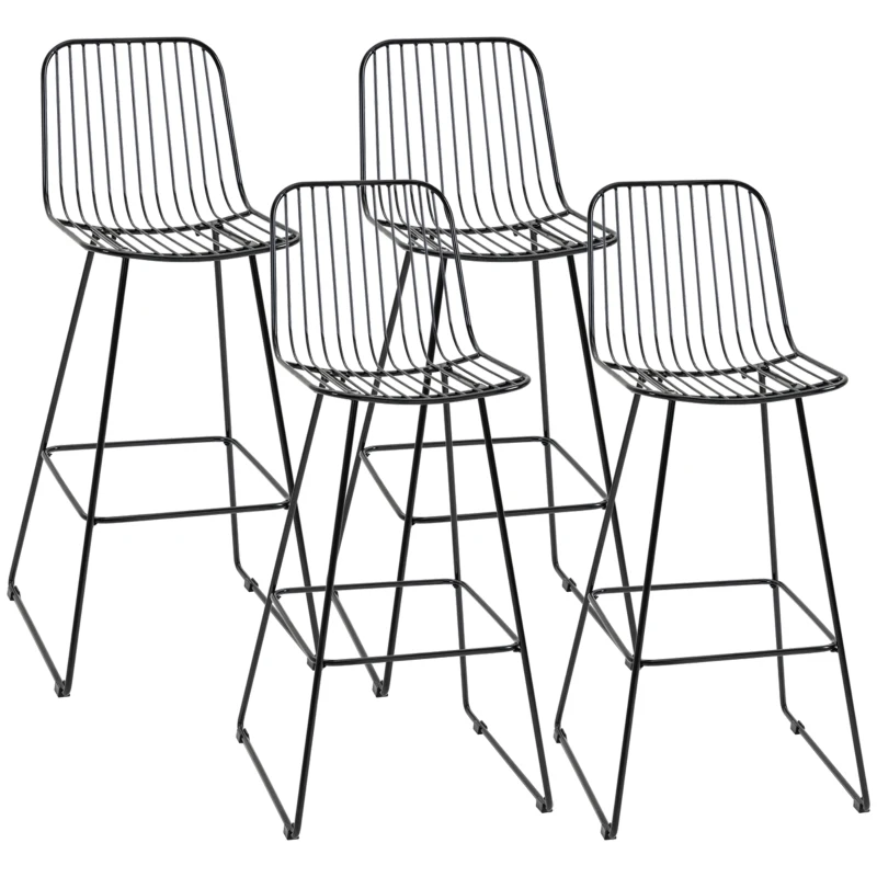 HOMCOM Modern Bar Stools, Metal Wire Bar Height Barstools, 30" Seat Height Bar Chairs for Kitchen with Back and Footrest, Set of 4, Black