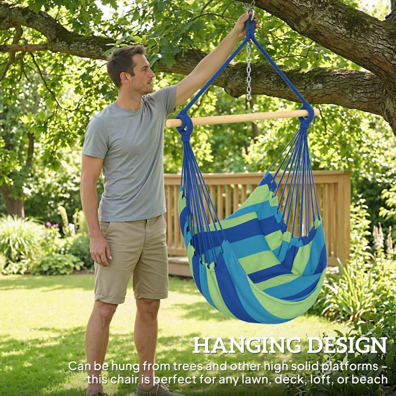 Outsunny Hammock Chair Swing Hanging Macrame Chair w/ Two Soft Seat Cushions, Blue and Green