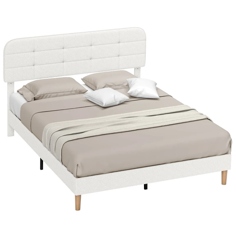 HOMCOM Queen Size Bed Frame with Adjustable Headboard Upholstered Platform Bed Frame with Wood Slat Support Noise Free White