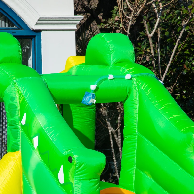 Outsunny 6 in 1 Inflatable Water Slide for Kids Backyard Water Park Castle Bounce House Extra Large Crocodile Style with Basket, Cannon, Pool, Climbing Wall, Slide and Carrybag Without Air Blower