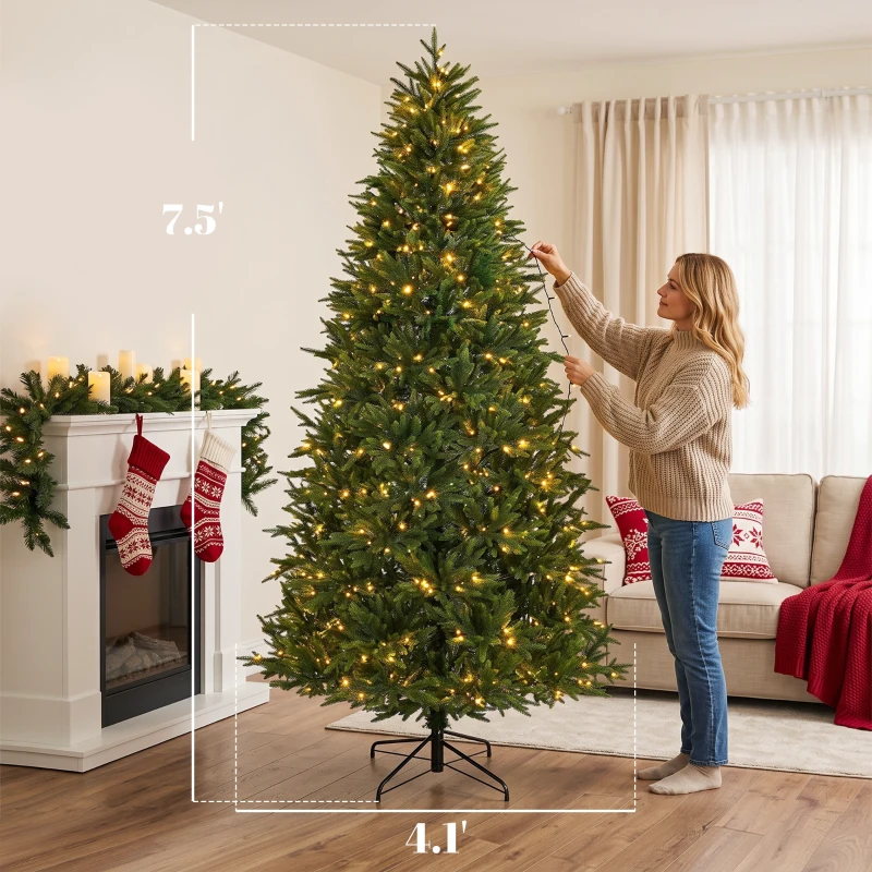 HOMCOM 7.5ft Prelit Christmas Tree with Dual-Color LEDs, All Realistic Tips, Hinged Xmas Nordmann Fir with 11 Modes, Remote