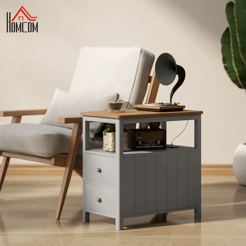 HOMCOM Side Table with Charging Station and USB Ports, Narrow End Table with Drawers, Shelf for Living Room, Gray