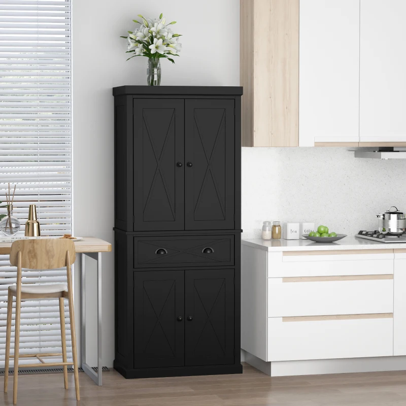 HOMCOM 6ft Wood Farmhouse Colonial Kitchen Pantry Cabinet, with 4 Adjustable Shelves, 2 Wood Pantries, & 1 Drawer, Black