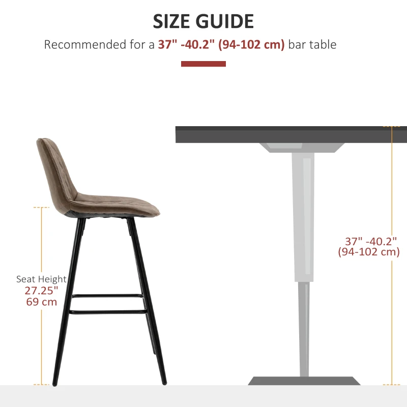 HOMCOM PU Leather Counter Height Bar Chairs Set of 2, 27.75" Bar Stools with Metal Legs for Dining Area, Kitchen Island, Brown