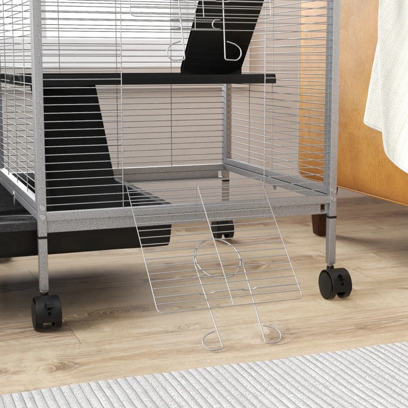 PawHut 45" H Rolling Small Animal Cage with Hammock, Ferret Cage, Chinchilla Cage, Pet Habitat with 6 Doors, Removable Tray