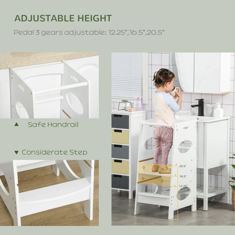 HOMCOM Kids Kitchen Stool with Adjustable Height, Counter Step Stool for Toddlers for Kids, White