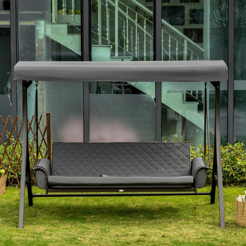 Outsunny 3 Person Patio Swing Chair Bed, Converting Flatbed, Outdoor Porch Swing Bed Glider with Adjustable Canopy, Removable Cushions, Pillows, for Garden, Poolside, Backyard, Dark Gray