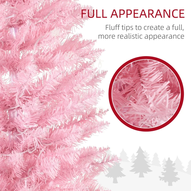 HOMCOM 7ft Pencil Christmas Tree, Slim Artificial Christmas Tree with Realistic Branches and Warm White LED Lights, Pink