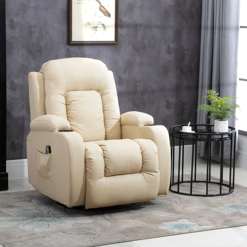 HOMCOM Vibration Massage Recliner Chair for Living Room with Heat,  Swivel Single Sofa, Modern PU Leather Manual Reclining Chair with Footrest, Cream White
